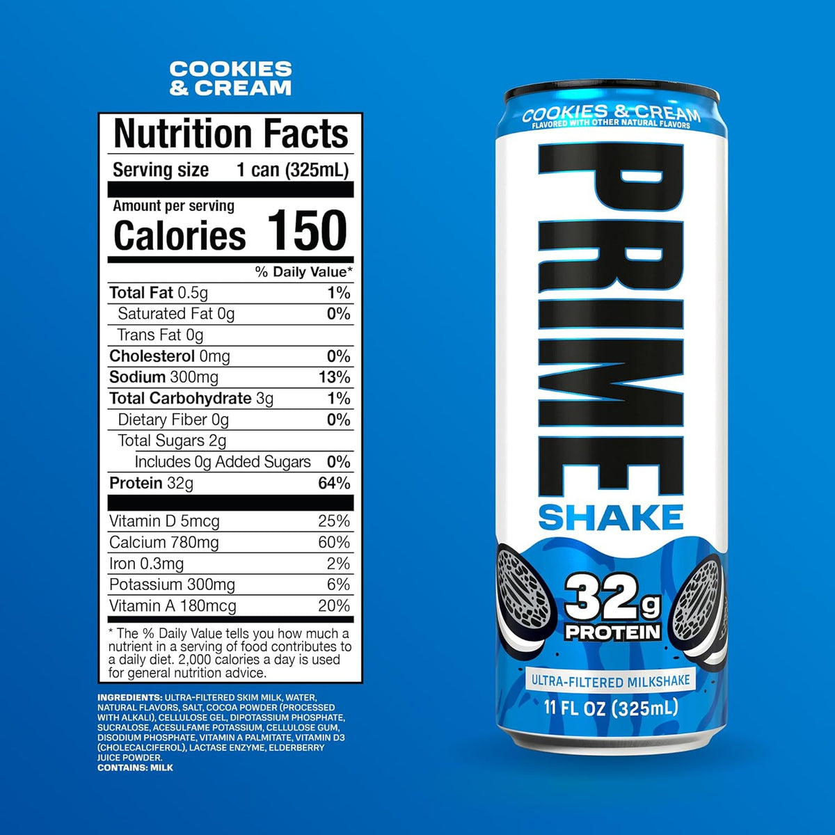 PRIME Shakes, Cookies & Cream, 32g Protein Shake for Muscle Support & Recovery, Ultra-Filtered Milk, Lactose Free, Low Sugar, Low Calorie, Ready to Drink, 11 fl oz, 12 Pack