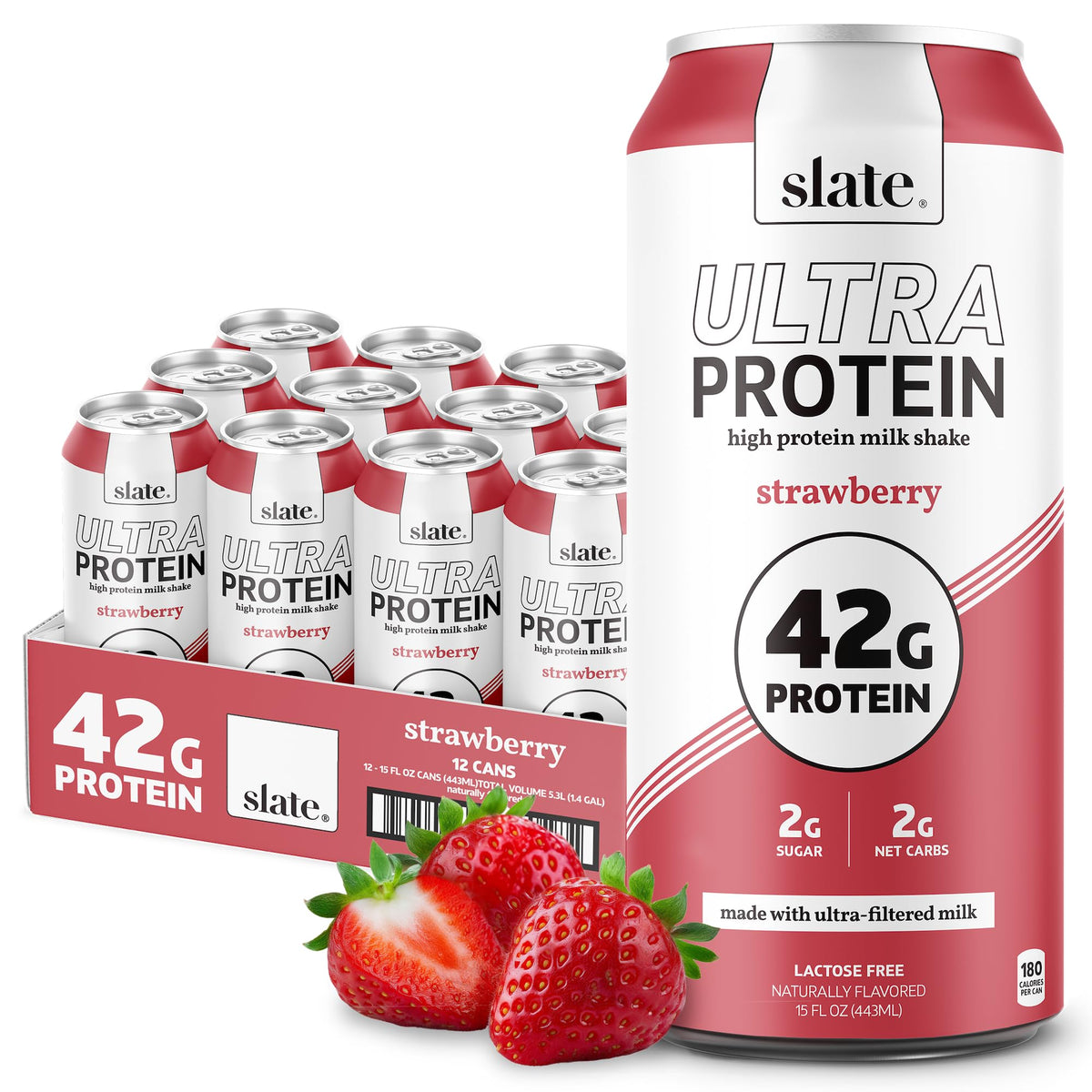 Slate Milk - Ultra Protein Shake - Vanilla - 42g Protein, 1g Sugar, 180 Calories, 1g Net Carbs - Lactose Free, No Added Sugar - Made with Ultra Filtered Milk - Breakfast Boost, Post Workout - 15 fl oz, 12 Cans